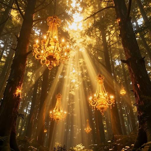 Ethereal Cyberpunk Forest with Chandeliers