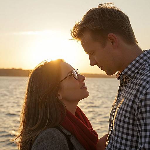 Photograph of a couple gazing at each other during sunset by a lake, with sun behind them, man in checkered shirt, woman in glasses