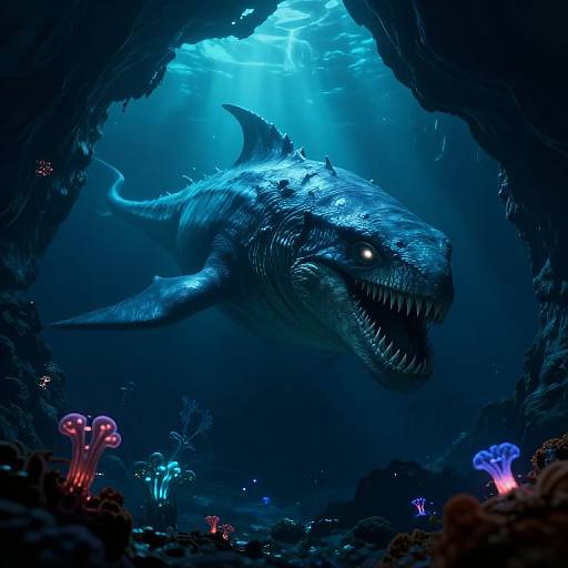 Digital artwork of a massive, bioluminescent shark with glowing eyes swimming in a dark, underwater cave filled with colorful corals.