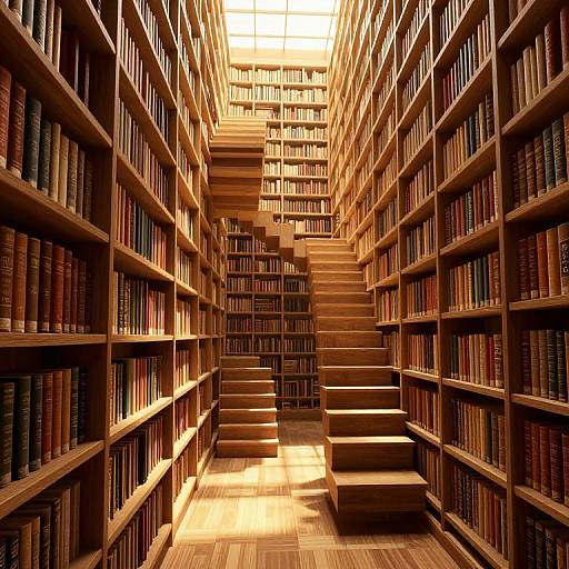 Photograph of a sunlit, wooden bookshelf library with a central staircase between towering shelves filled with colorful, neatly arranged books.