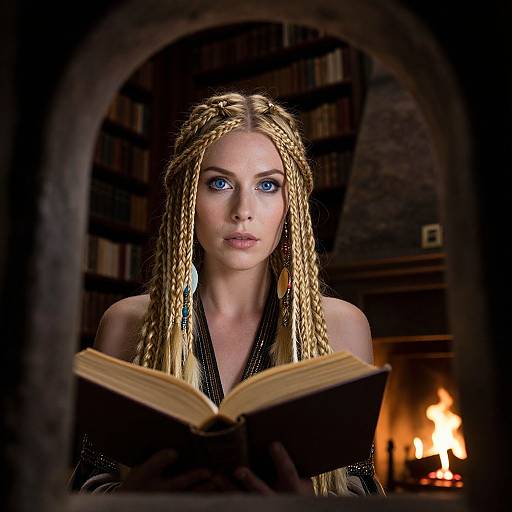 Photograph of a blonde woman with blue eyes, intricate braided hair, black dress, reading a book in a dimly lit library with a fireplace