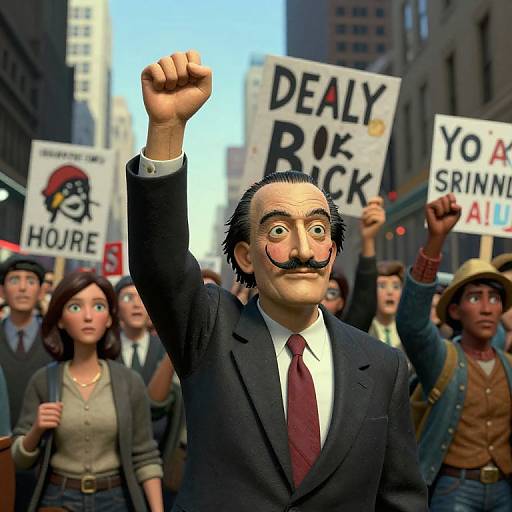 CGI cartoon of a mustached man in a suit raising his fist, leading a protest with signs reading 