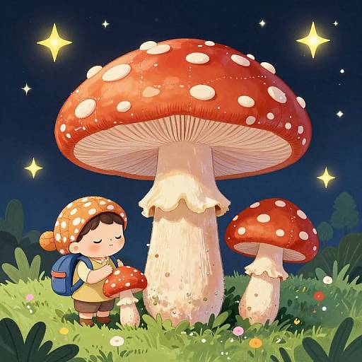 Digital illustration of a cute child with a polka-dot hat, backpack, and yellow shirt, hugging a large red-spotted mushroom under a star