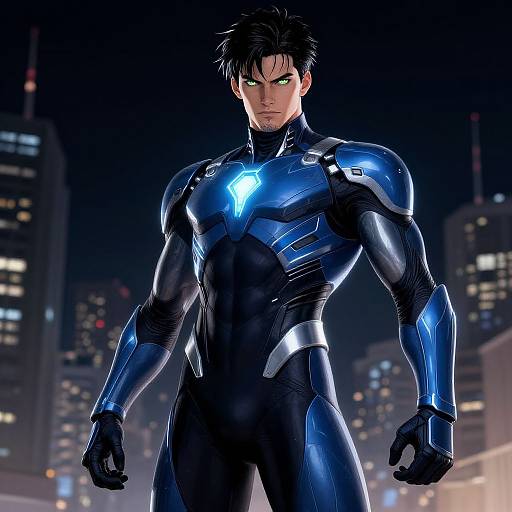 CGI image of a muscular man in a sleek, blue and black armored suit with glowing chest emblem, standing confidently in a nighttime cityscape.