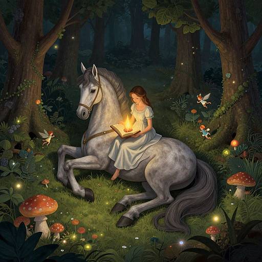 Magical forest scene: a woman in a white dress reads by firelight on a gray horse, surrounded by glowing mushrooms and fireflies.