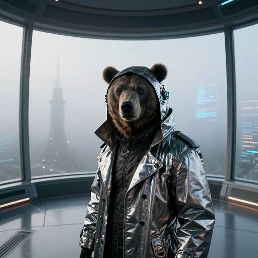 Cyberpunk Grizzly Bear in Futuristic Station