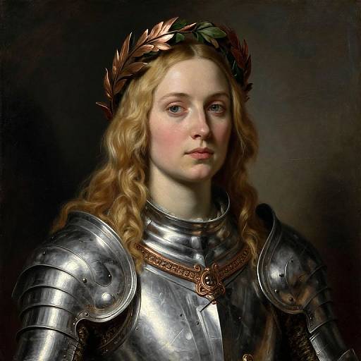 Photorealistic painting of a fair-skinned, blonde woman with wavy hair, wearing silver armor, a bronze laurel wreath, and a