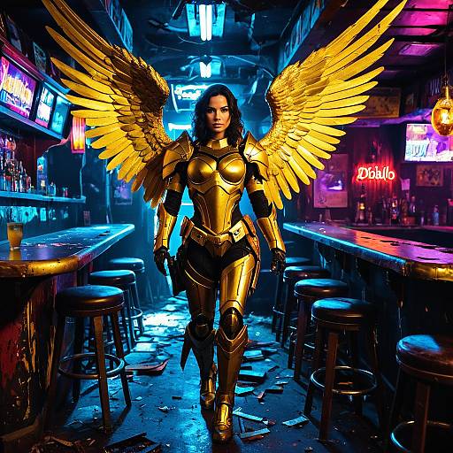 Female Archangel in Golden Armor in Neon Dive Bar