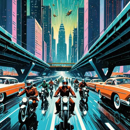 Retrofuturistic 1950s City with Motorcycles