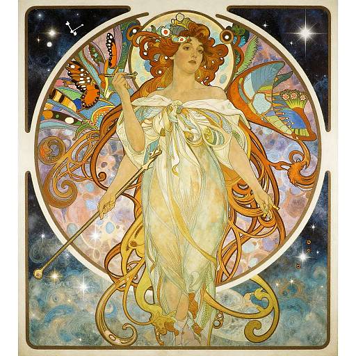 Art Nouveau-style illustration of a goddess with flowing auburn hair, ethereal white dress, and vibrant, multi-colored bird wings, holding a
