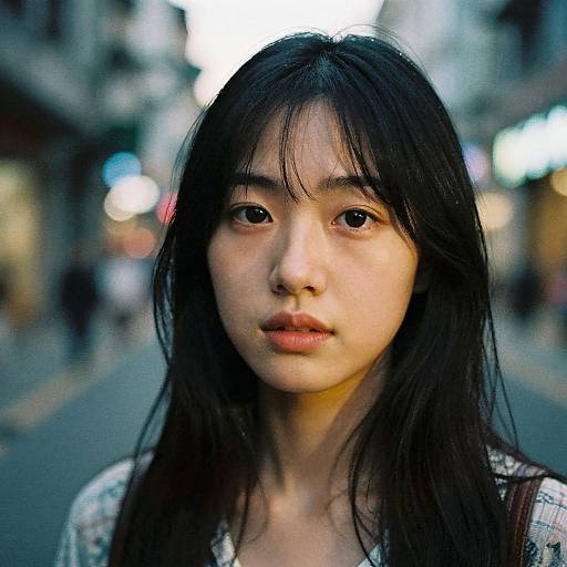 Photograph of a young Asian woman with long black hair, straight bangs, and neutral expression, standing on a blurred urban street at dusk. She
