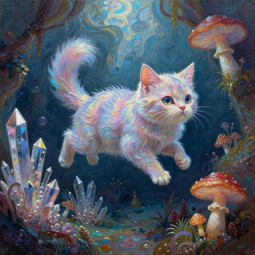 Digital fantasy artwork of a glowing, rainbow-furred kitten with blue eyes swimming among bioluminescent crystals and red-capped mushrooms in a mystical underwater