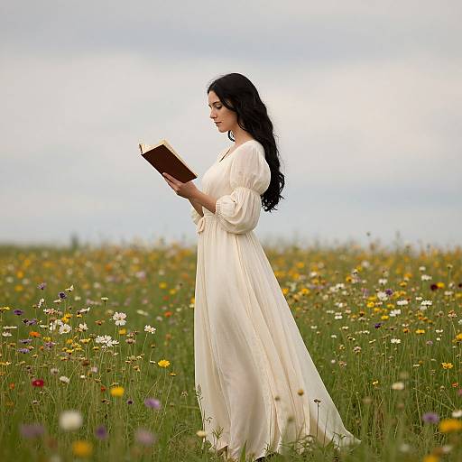 Photograph of a dark-haired woman in a flowing white dress standing in a vibrant wildflower field, reading a book under a cloudy sky.