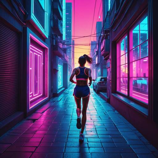 Woman Jogging in Neon-Lit Alley at Sunset