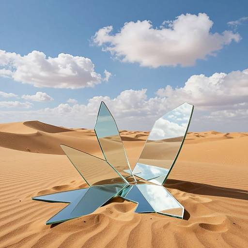 Photograph of a modern, abstract glass sculpture with reflective surfaces standing in a vast, sunlit desert with golden sand dunes and a bright blue sky