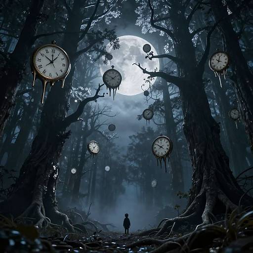 Digital artwork: Mysterious forest under a full moon, with floating, dripping clock faces, a lone figure silhouetted in the center.