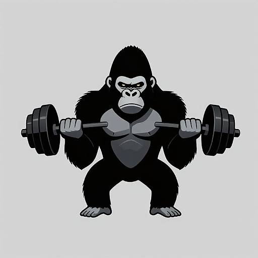 Cartoon illustration of a muscular, black-furred gorilla with a stern expression, lifting a heavy barbell with both hands. White background.