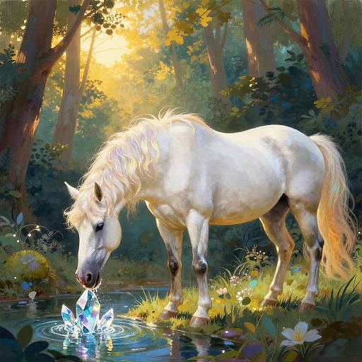 Majestic Unicorn Drinking from Crystal Spring