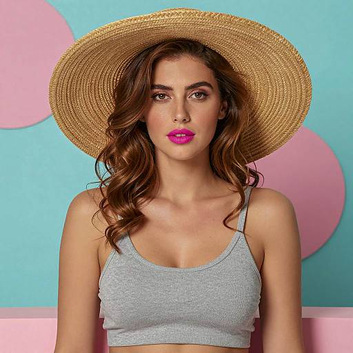 Woman with Straw Hat and Bright Pink Lipstick