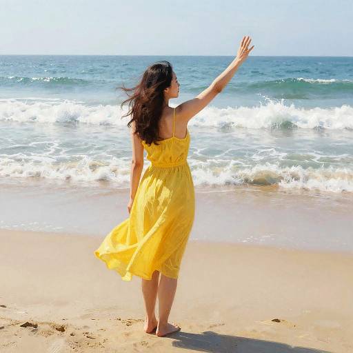 Photograph of a woman with long brown hair in a yellow sundress, standing on a sandy beach, raising her right arm as waves crash in the