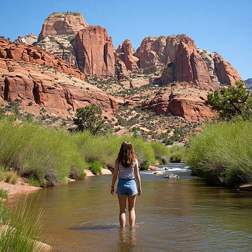 Photograph of a woman with long brown hair, wearing a striped tank top and denim shorts, wading through a shallow river towards red rock canyon cliffs