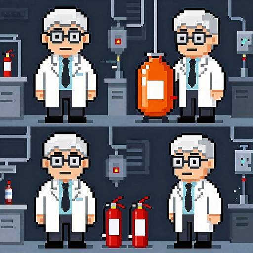 Pixel art of four identical male scientists with white hair, glasses, white lab coats, blue ties, and black pants, standing in a dark, futuristic