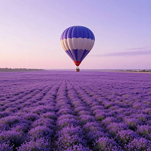 Photograph of a blue and white striped hot air balloon soaring above a vast, purple lavender field at sunset.
