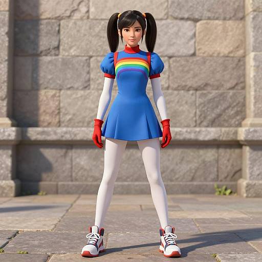 Female Superhero in Blue Rainbow Dress