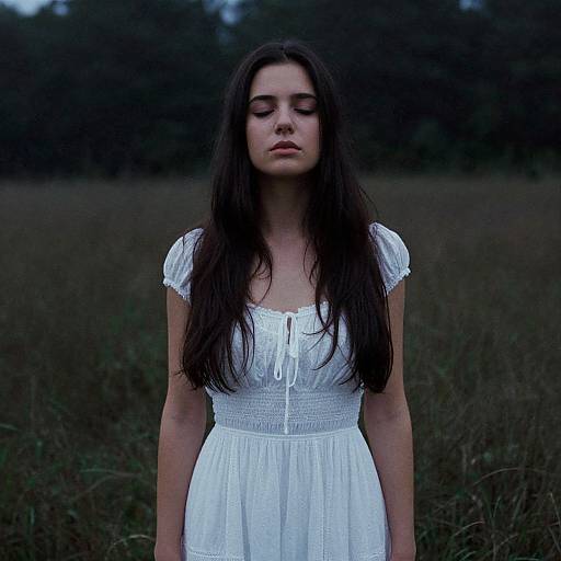 Photograph of a young woman with long dark hair, wearing a white, short-sleeved, lace dress, standing in a dark, grassy