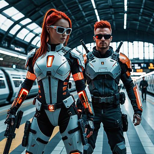 Cyberpunk Warriors in Futuristic Train Station
