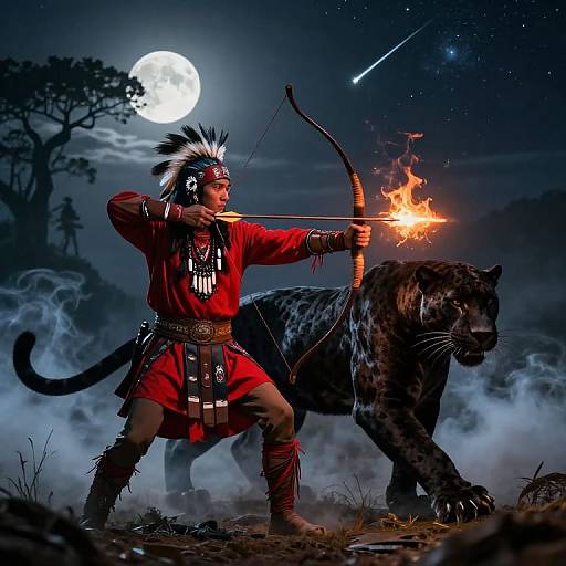 Photorealistic digital artwork: Native warrior with feathered headdress and red attire, firing flaming arrow at black leopard under full moon, starry night