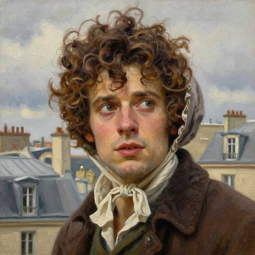 Realistic oil painting of a young man with curly brown hair, fair skin, blue eyes, wearing a brown coat and white scarf, set against a