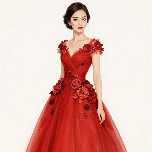 Digital illustration of a fair-skinned woman with dark hair in an elegant updo, wearing a vibrant red, floral-embellished, V-neck