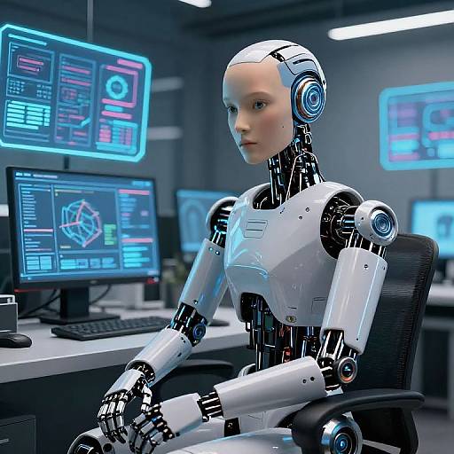 CGI image of a white, bald, humanoid robot with blue accents, sitting in a modern, dimly-lit control room, surrounded by glowing