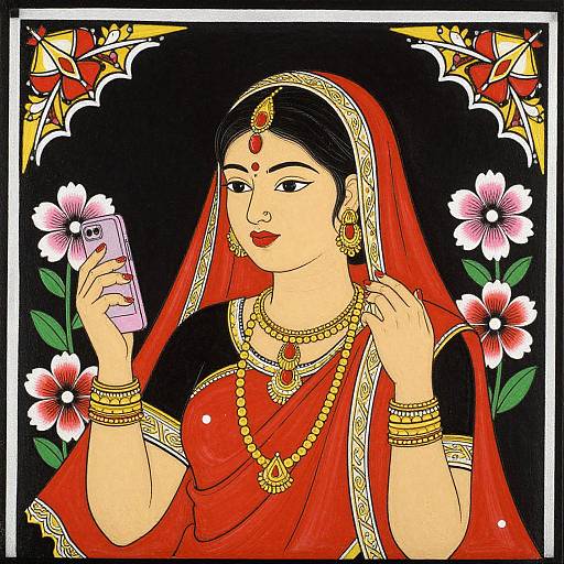 Colorful digital illustration of an Indian woman in a red sari, holding a smartphone, adorned with gold jewelry, surrounded by white and red flowers.