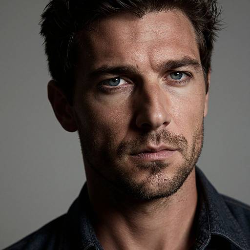 Close-up photograph of a handsome, ruggedly handsome man with blue eyes, short dark hair, and light stubble, wearing a dark jacket, against