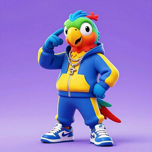Vibrant digital cartoon of a colorful parrot in a blue-yellow hoodie, blue pants, and Nike sneakers, posing confidently against a purple background.