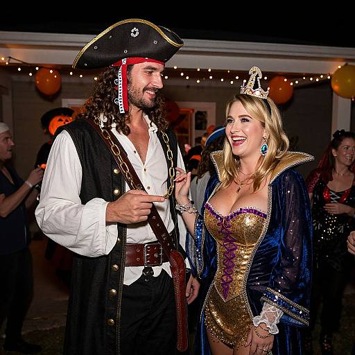 Photograph of a smiling couple dressed as a pirate and princess at a Halloween party, with festive string lights in the background.