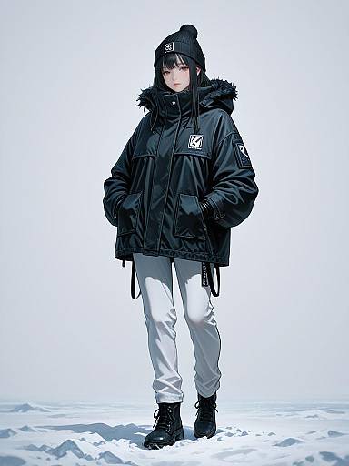 Digital illustration of a young woman in a black winter coat, white pants, black boots, and black beanie, standing in snow. White background,