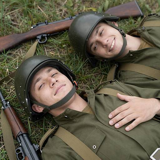 Two Soldiers Smiling on Grassy Close-Up