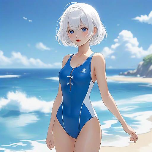 Digital anime-style illustration of a white-haired, blue-eyed girl in a blue one-piece swimsuit, standing on a bright beach with a clear blue sky