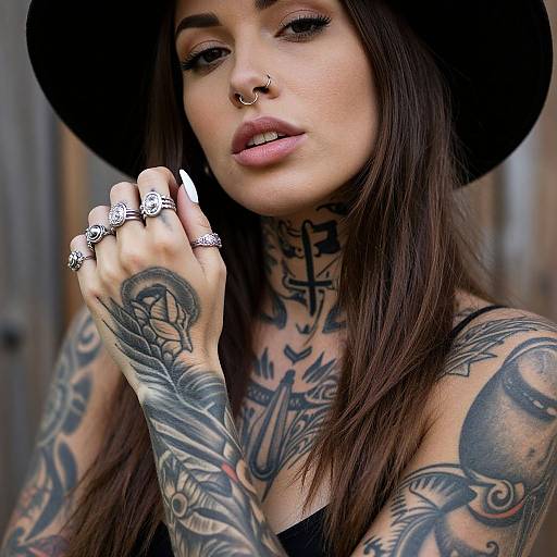Close-Up of Tattooed Woman with Rings