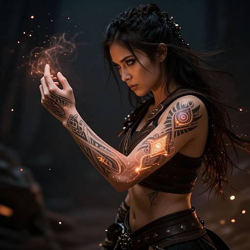 Digital artwork of a tattooed woman with long black hair, glowing neon tattoos, and dark clothing, holding a magical, smoky orb. Dark,