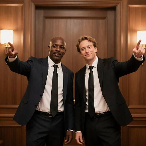 Two Men Pointing in Wood-Paneled Room