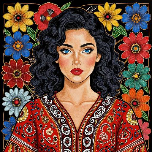 Digital illustration of a fair-skinned woman with wavy black hair, blue eyes, red lipstick, wearing a red patterned blouse, surrounded by colorful