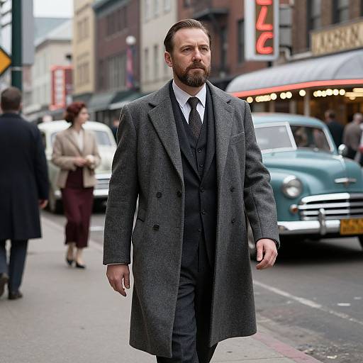 Photograph of a bearded man in a gray overcoat, black suit, and tie walking on a busy urban street with vintage cars and neon signs