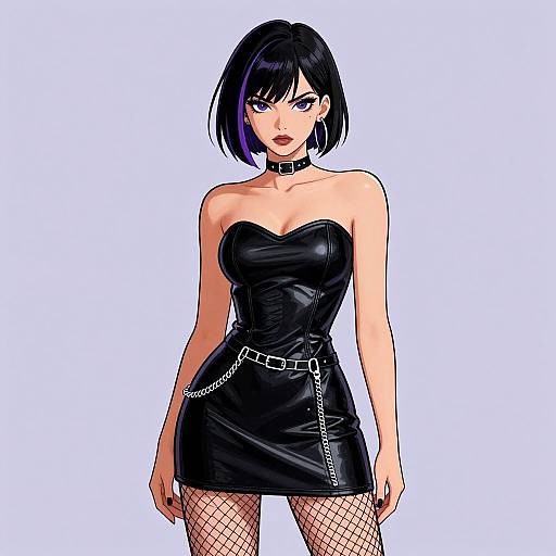 Digital anime-style drawing of a black-haired woman with purple eyes, wearing a strapless black leather mini-dress, fishnet stockings, choker,