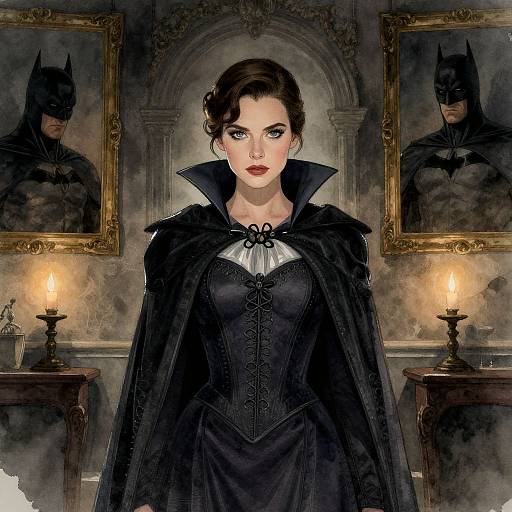 Digital art of a pale-skinned woman in a black Victorian dress and cape, with red lips, framed by two Batman paintings, lit by candlelight
