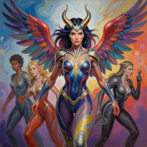 Digital painting of three powerful women with colorful wings, one central in blue armor with horns, flanked by two in black suits. Bright, swirling background