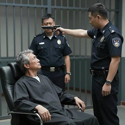 Police Officer Pointing Gun at Prisoner in Jail